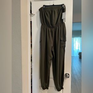 Dark green strapless cargo jumpsuit
